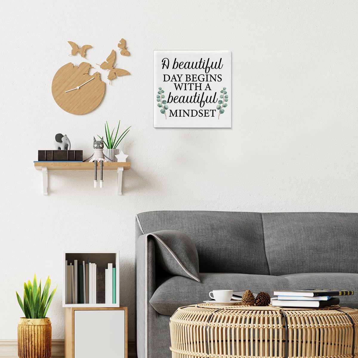 Inspirational Farmhouse Canvas Print Wall Art Decor One Small Positive Thought in the Morning Can Change Your Whole Day Sign Painting Plaque Rustic Home Decoration (8 X 8 Inches, Framed)