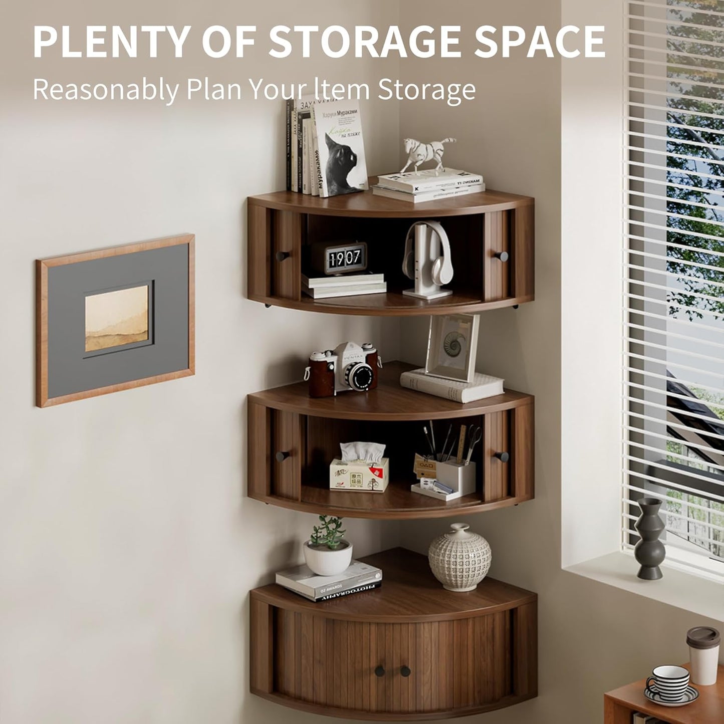 Corner Shelves Wall Cabinet Set of 3, Floating Corner Shelf Organizer with Sliding Doors, Fluted Wall Cabinet for Living Room, Bedroom, Office, Small Space, Walnut (Curved, 15.74“)