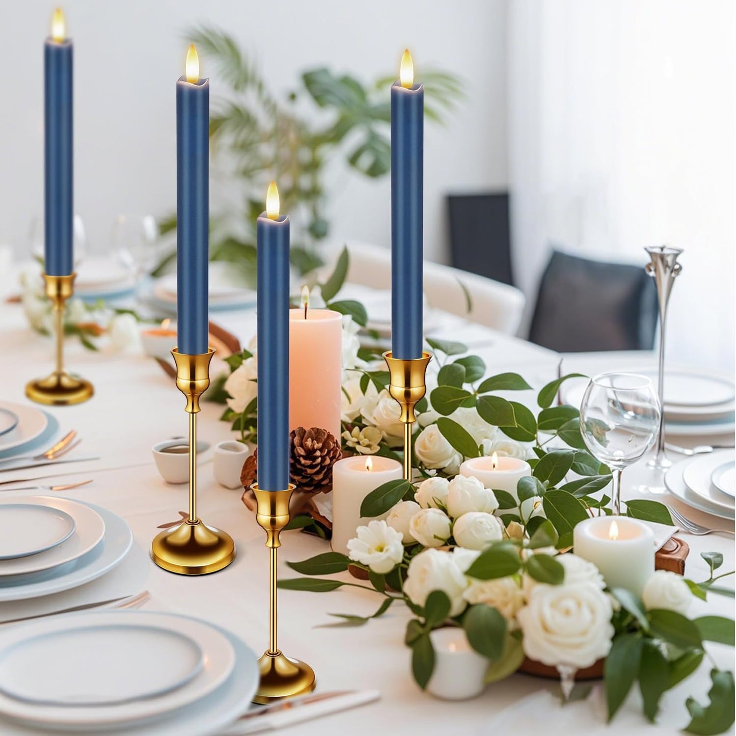 KSWING Upgraded Real Wax Short LED Flameless Taper Candles with Remote, 6 PCS White Candlesticks Battery Operated 3D Flickering - 6" Realistic Fake Candle Sticks for Home/Wedding/Fireplace Xmas Decor