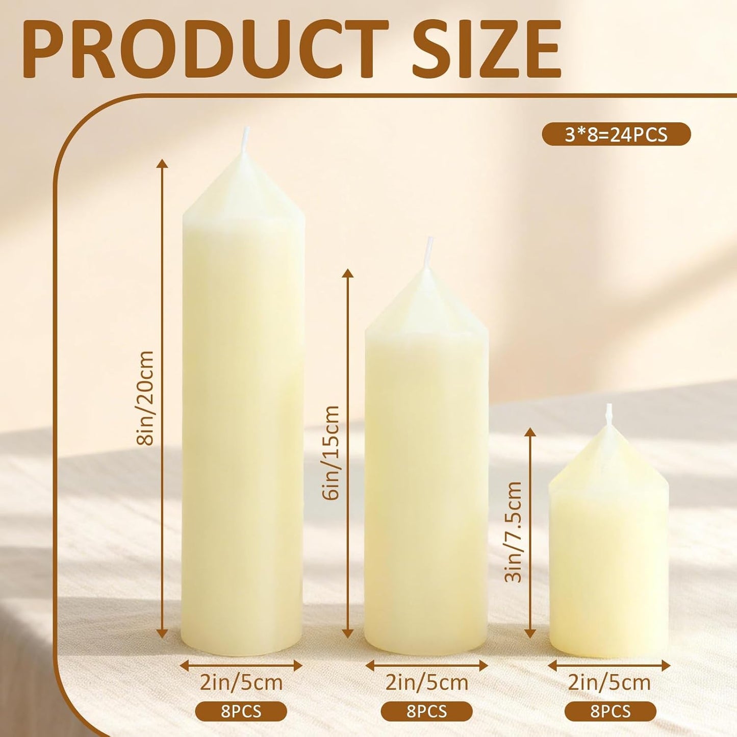 12-Pack Ivory Unscented Pillar Candle Set - 2x3, 2x6, 2x8-inch Long-Burning Drip-Free Tapers, 4 Per Size. Ideal for Home Decor, Weddings, Emergencies, and Holidays.