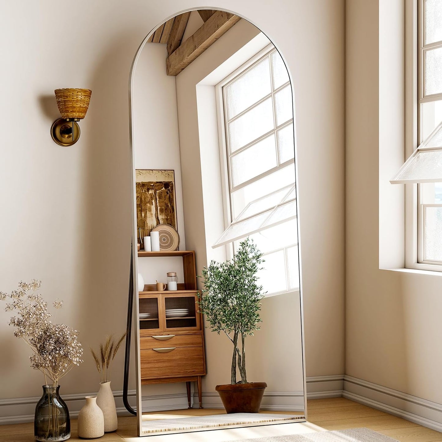 XRAMFY 56"x21" Arched Full Length Mirror Floor Mirrors with Aluminum Alloy Frame Free-Standing Wall Mounted Floor Mirrors or Large Dressing Mirror, Black Mirror Full Length