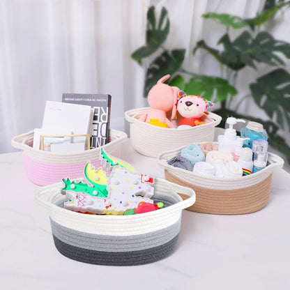 ABenkle Small Basket with Handles, Boho Decorative Rope Woven Dog Cat Toy Storage Bin Shelf Storage Organizer, Easter Christmas Gift Basket, 12"x8"x5", White