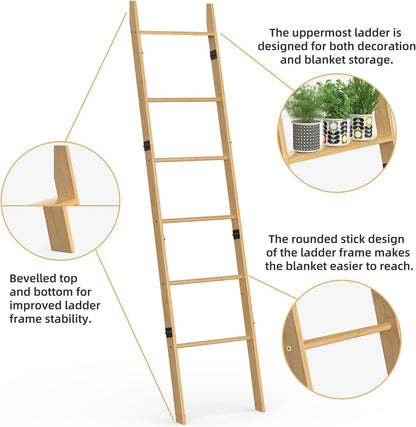 BAMBANG 6-Tier Blanket Ladder for Living Room, Blanket Quilt Ladder Rack Rustic Decorative Towel Holder, Wall Leaning Blanket Ladder Shelf Storage Farmhouse Decor for Bedroom Bathroom, Black
