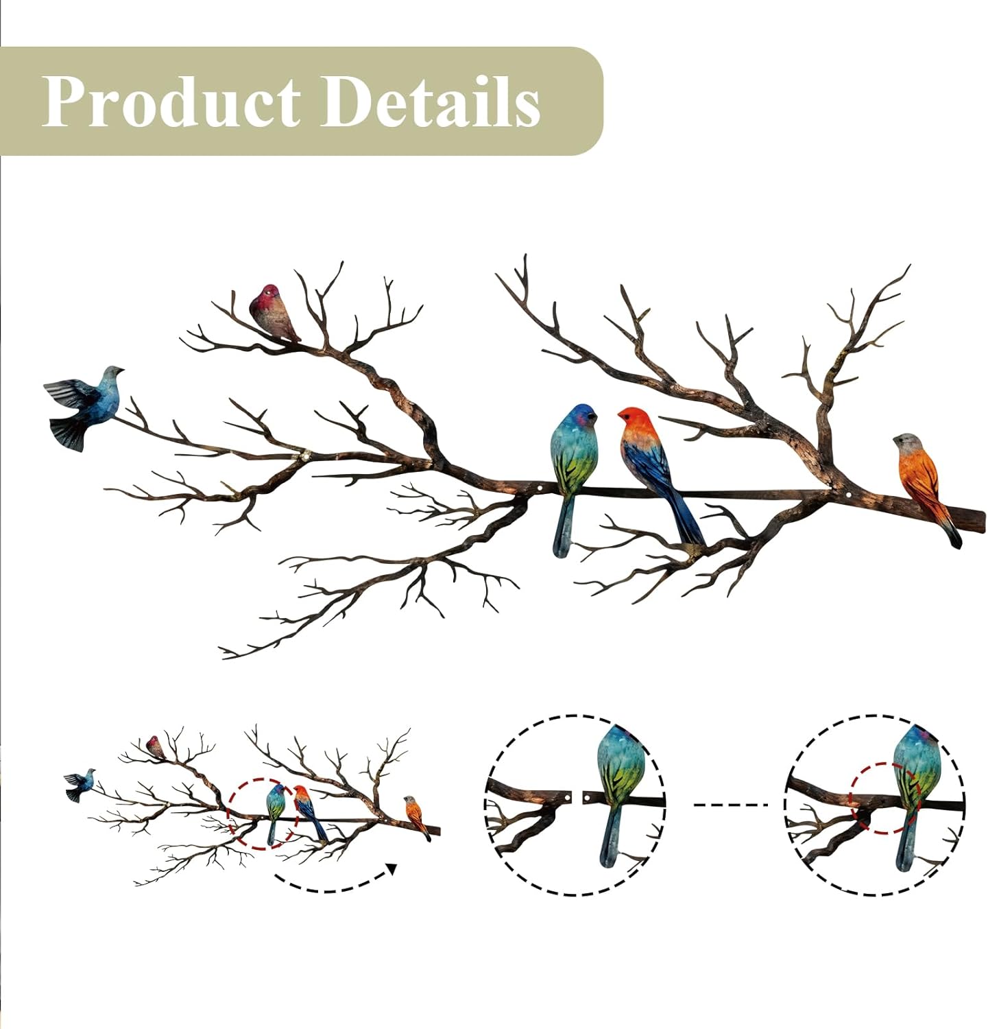 Metal Birds Wall Art, Metal Vivid Birds on Branch Silhouette Wall Decor Black Leaves with Bird Outdoor Hanging Wall Sculpture for Home Balcony Garden(Large)