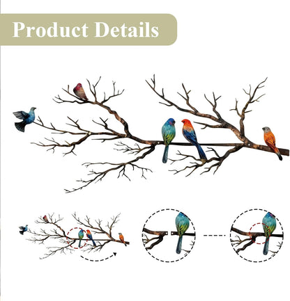 Metal Birds Wall Art, Metal Vivid Birds on Branch Silhouette Wall Decor Black Leaves with Bird Outdoor Hanging Wall Sculpture for Home Balcony Garden(Large)
