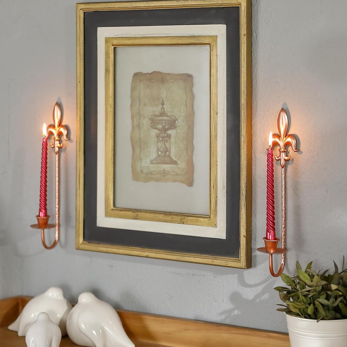 Fleur De Lis Wrought Iron Candle Sconces Set of 2, Rustic Candle Holders Hanging for Living Room Farmhouse Fireplace Wedding (Antique Copper)
