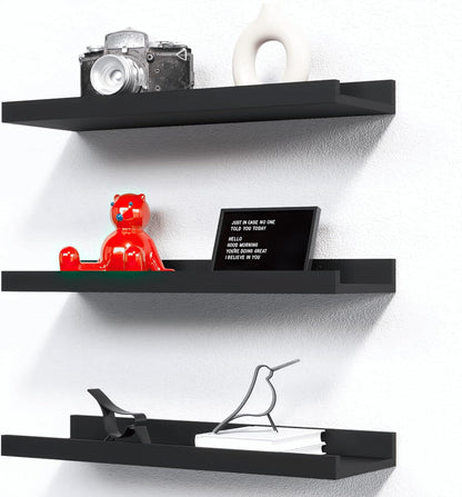RICHER HOUSE 5 Set Floating Wall Mounted Shelves, Black Shelves for Wall Decor, Modern Picture Ledge Shelf with Lip for Storage, Nursery, Bedroom, Living Room, Bathroom - Black