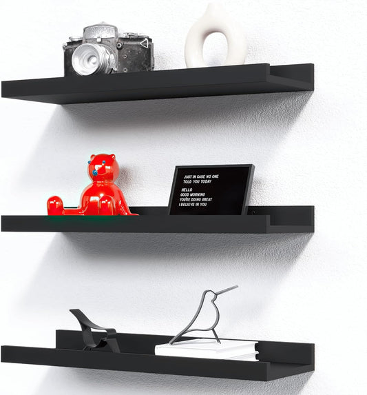 RICHER HOUSE 5 Set Floating Wall Mounted Shelves, Black Shelves for Wall Decor, Modern Picture Ledge Shelf with Lip for Storage, Nursery, Bedroom, Living Room, Bathroom - Black