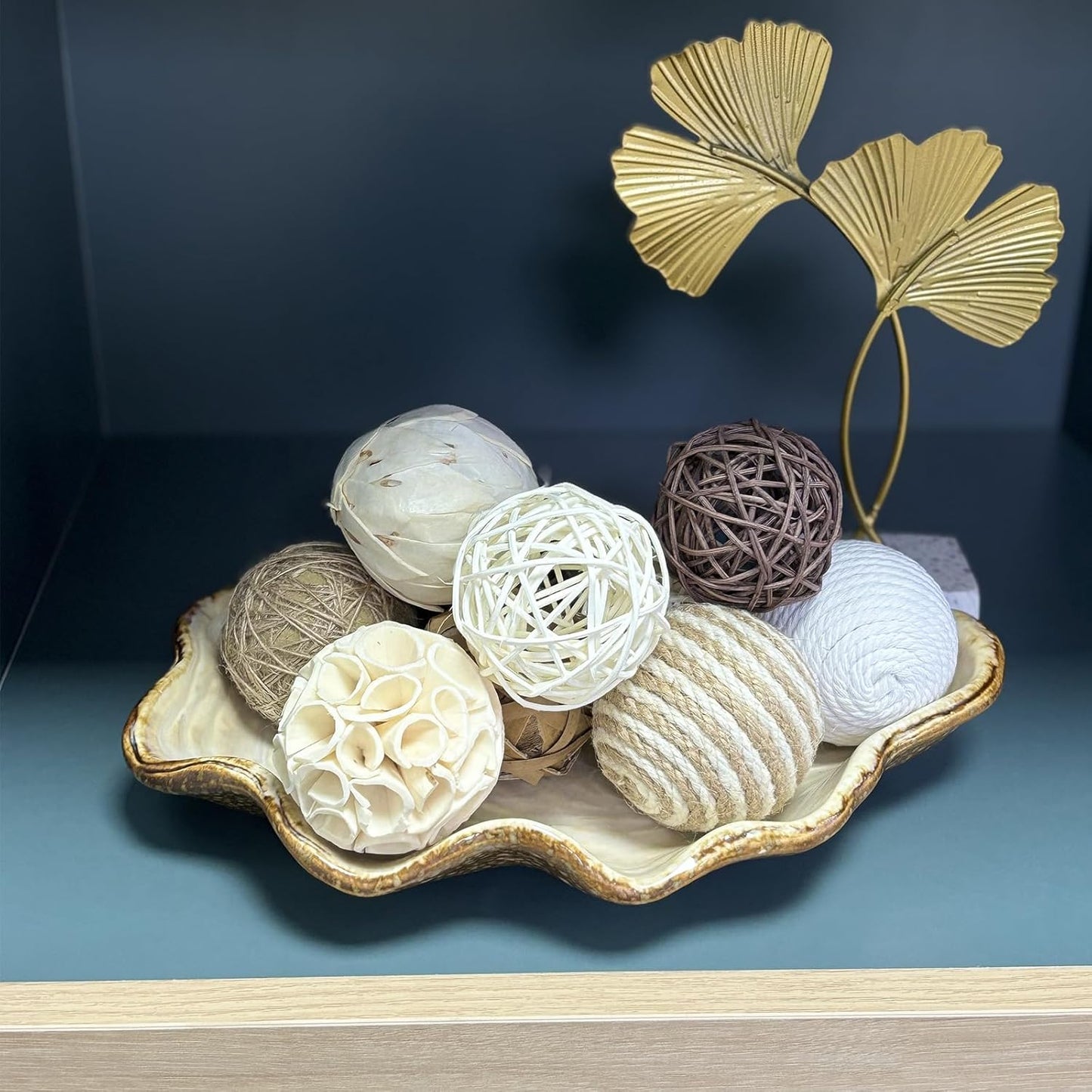 6 Pcs Decorative Balls for Centerpiece Bowls,2.36 Inch Natural Handmade Cotton Linen Orbs Balls,Wood Decorative Ball,Vase Fillers, Home Table Decor
