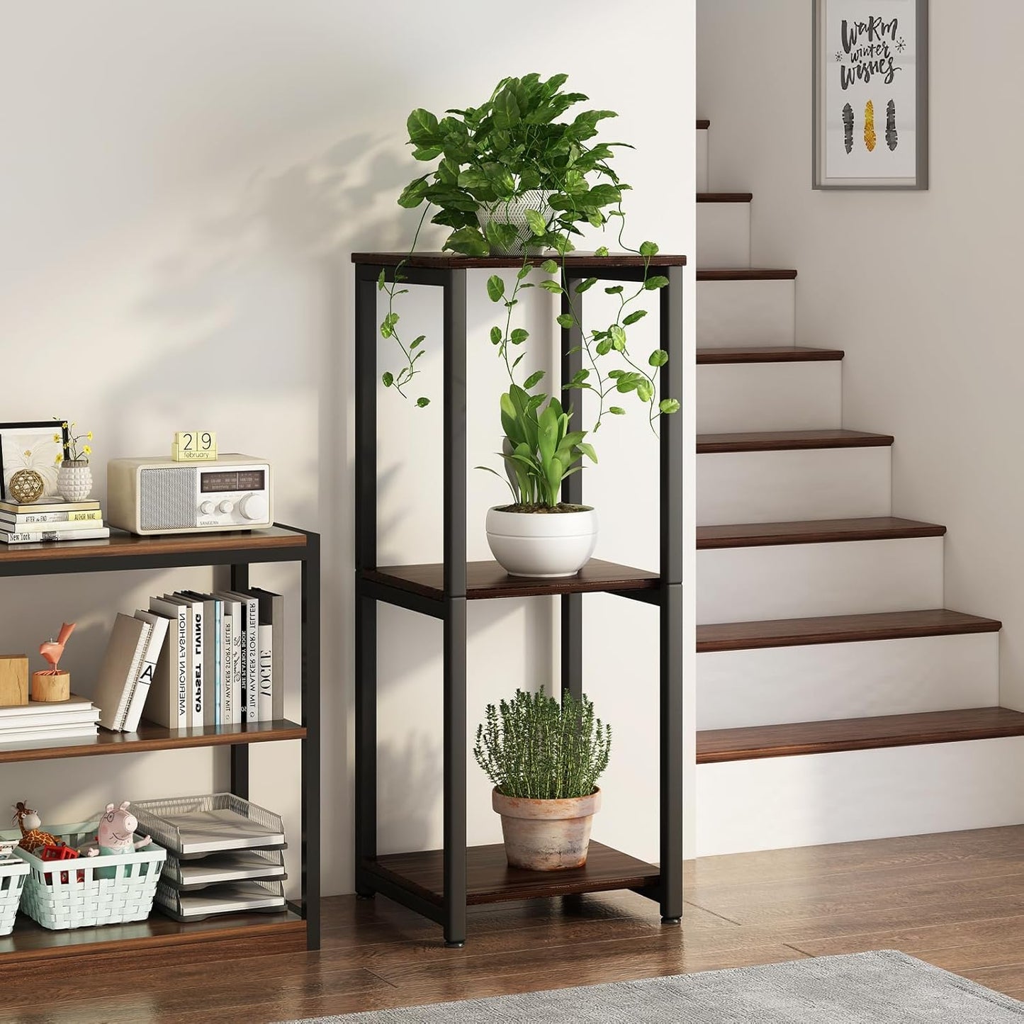 Plant Stand Indoor Corner Tall 2 Tier Metal Modern Flower Storage Plant Shelf Holder for Living Room Balcony Garden,Black (2 Tier-Black Round)