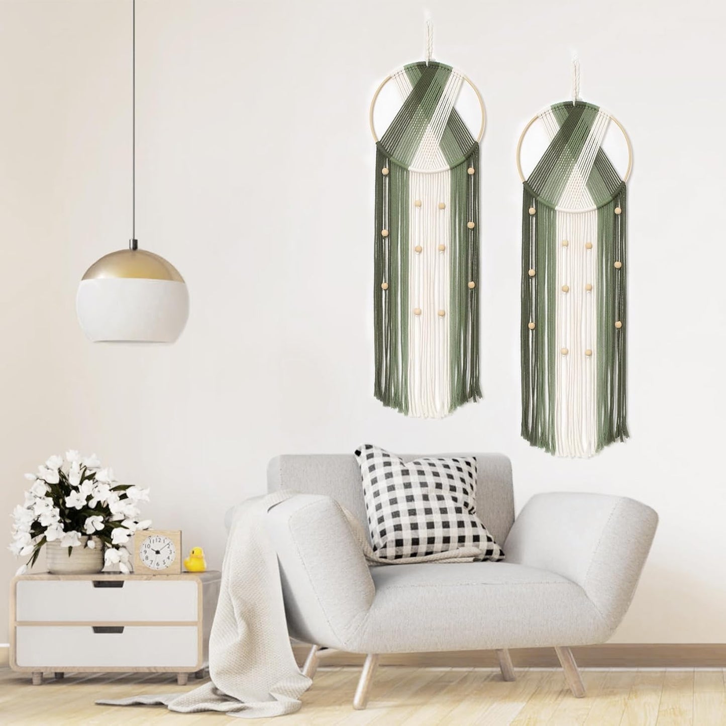 LB Boho Macrame Wall Hanging - Green and Beige Handmade Cotton Woven Decor, Modern Geometric Bohemian Tapestry Wall Decor for Bedroom Living Room Home (31.5"x9.84") Nature-Inspired Room Decor