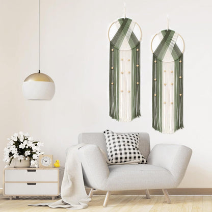 LB Boho Macrame Wall Hanging - Green and Beige Handmade Cotton Woven Decor, Modern Geometric Bohemian Tapestry Wall Decor for Bedroom Living Room Home (31.5"x9.84") Nature-Inspired Room Decor