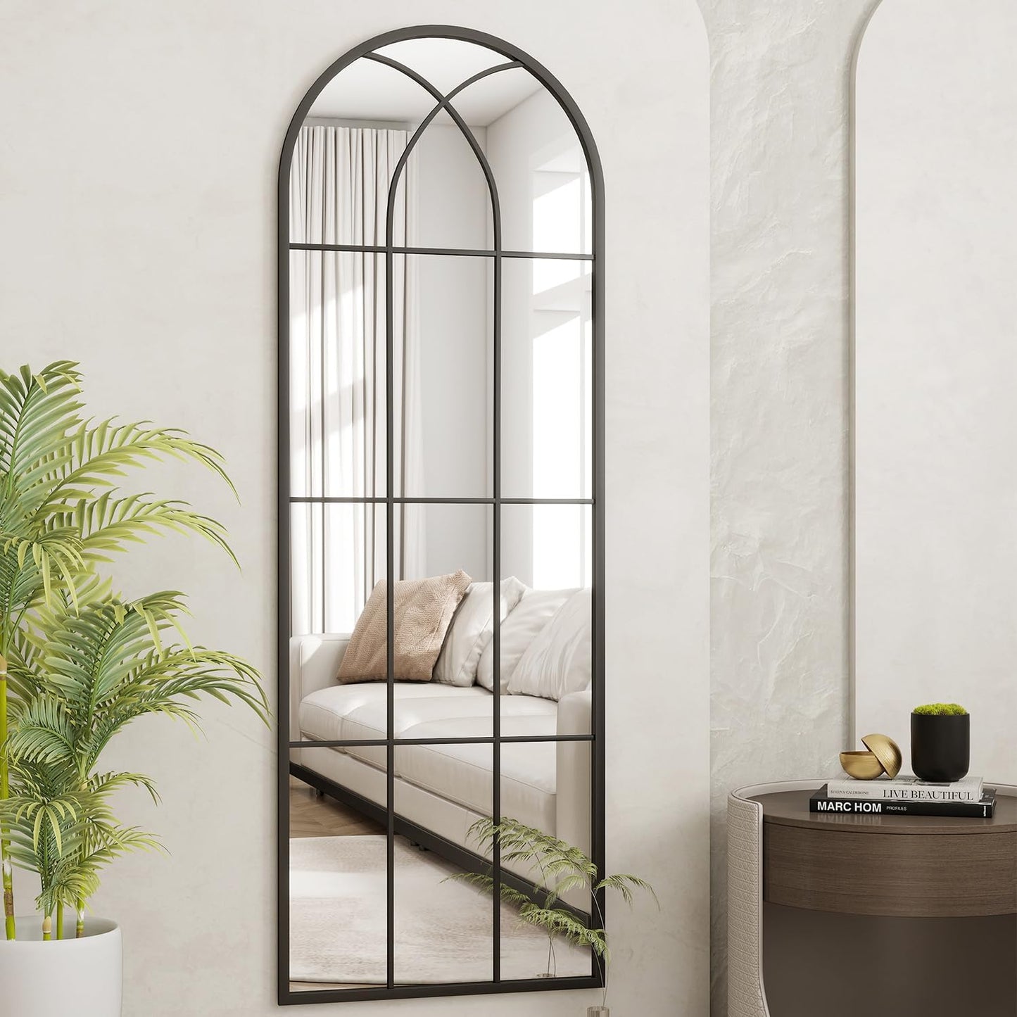 Dewfig 65"x 22" Arched Window pane Full Length Mirror, Wall Mirror, Floor Standing Mirrors, Farmhouse Long Full Body Mirrors Wall Mounted for Living Room, Bedroom, Entryway, Fireplace, Black
