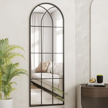Dewfig 65"x 22" Arched Window pane Full Length Mirror, Wall Mirror, Floor Standing Mirrors, Farmhouse Long Full Body Mirrors Wall Mounted for Living Room, Bedroom, Entryway, Fireplace, Black
