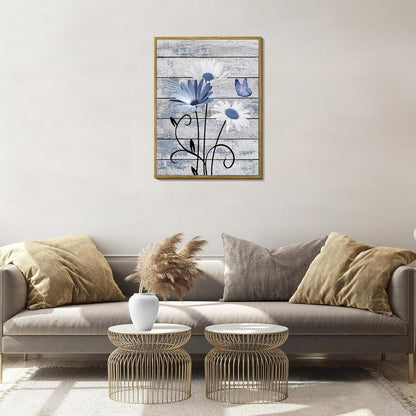 HVEST Farmhouse Floral Wall Art for Living Room, Blue and White Daisy Flower and Butterfly on Rustic Wood Board Canvas Wall Art Framed Artwork Ready to Hang for Bathroom Bedroom Decor, 16L X 12W