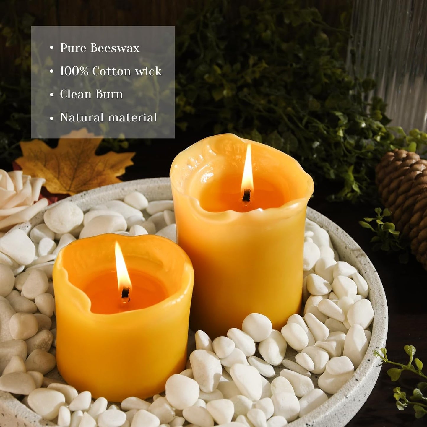 Set of 3 Natural Beeswax Pillar Candles - 3 inch Wide (3 inch 4inch 6inch Tall) - 100% Pure Bees Wax Candles, Long Burning, Unscented Smokeless & Dripless, for Emergency, Home Decor