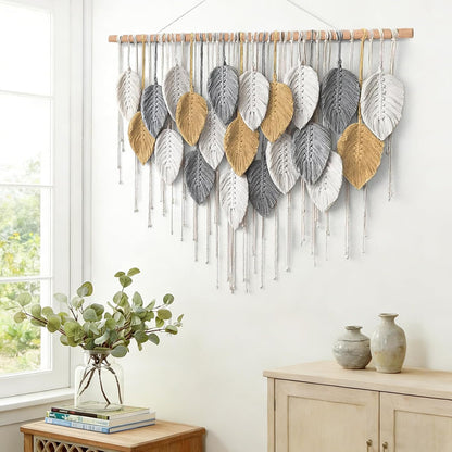 KHOYIME Large Macrame Wall Hanging Boho Woven Tapestry, Chic Home Decor Modern Bohemian Handmade Leaf Feather Wall Art Decorations for Apartment Dorm Living Room Bedroom Nursery Backdrop 39"W X 29.5"L