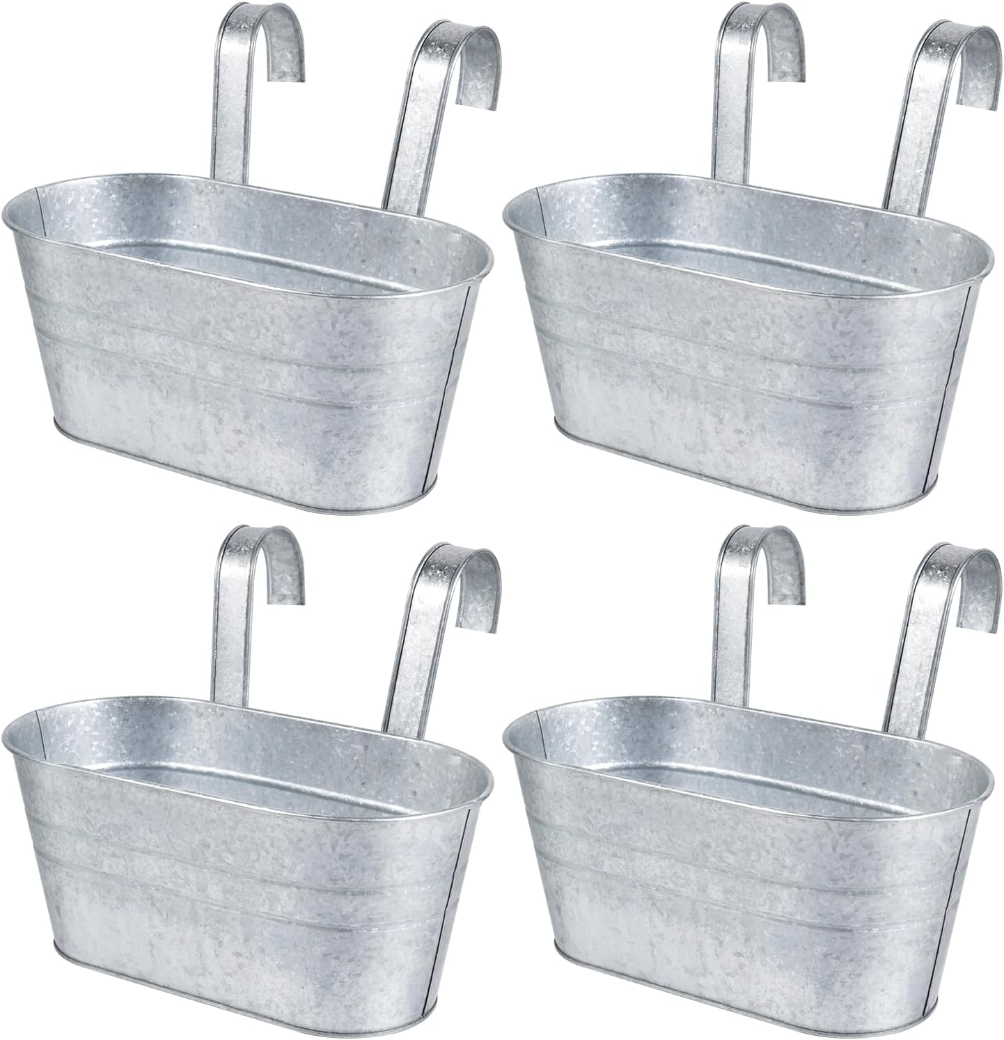 OBTANIM 4 Pack Metal Hanging Flower Pots Iron Railing Planter Outdoor Fence Hanging Pots Bucket Plant Holder with Detachable Hooks Drain Holes for Home Garden Yard Decor (Black)