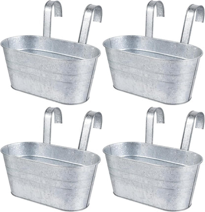 OBTANIM 4 Pack Metal Hanging Flower Pots Iron Railing Planter Outdoor Fence Hanging Pots Bucket Plant Holder with Detachable Hooks Drain Holes for Home Garden Yard Decor (Black)