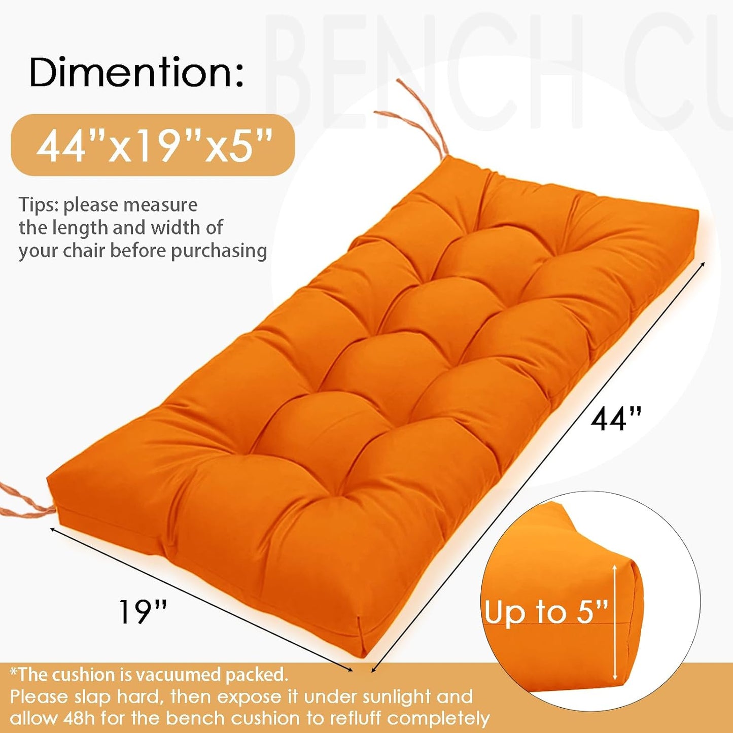MTMR Outdoor Bench Cushion-44X19 Water-Repellent Tufted Porch Swing Cushions with High Elasticity PP Cotton and Ties Fade-Resistant Patio Outdoor Chair Cushion for Bench Furniture, Indoor Seat Cushion