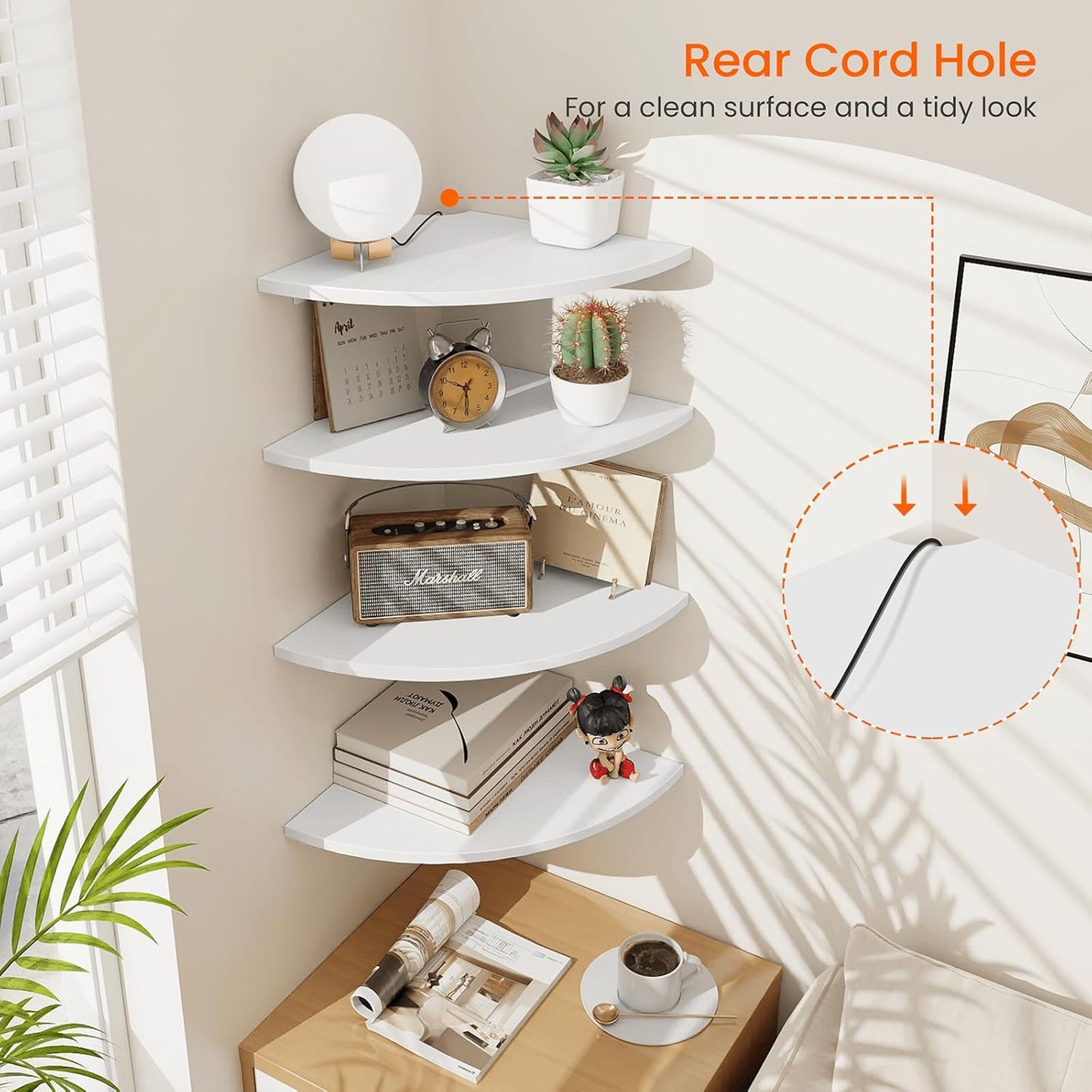 Homode Corner Wall Shelf, 12 in Wide Rounded Corner Shelf Floating, Set of 2 Wooden Hanging Corner Shelves with Wire Hole for Bathroom Living Room Office, White