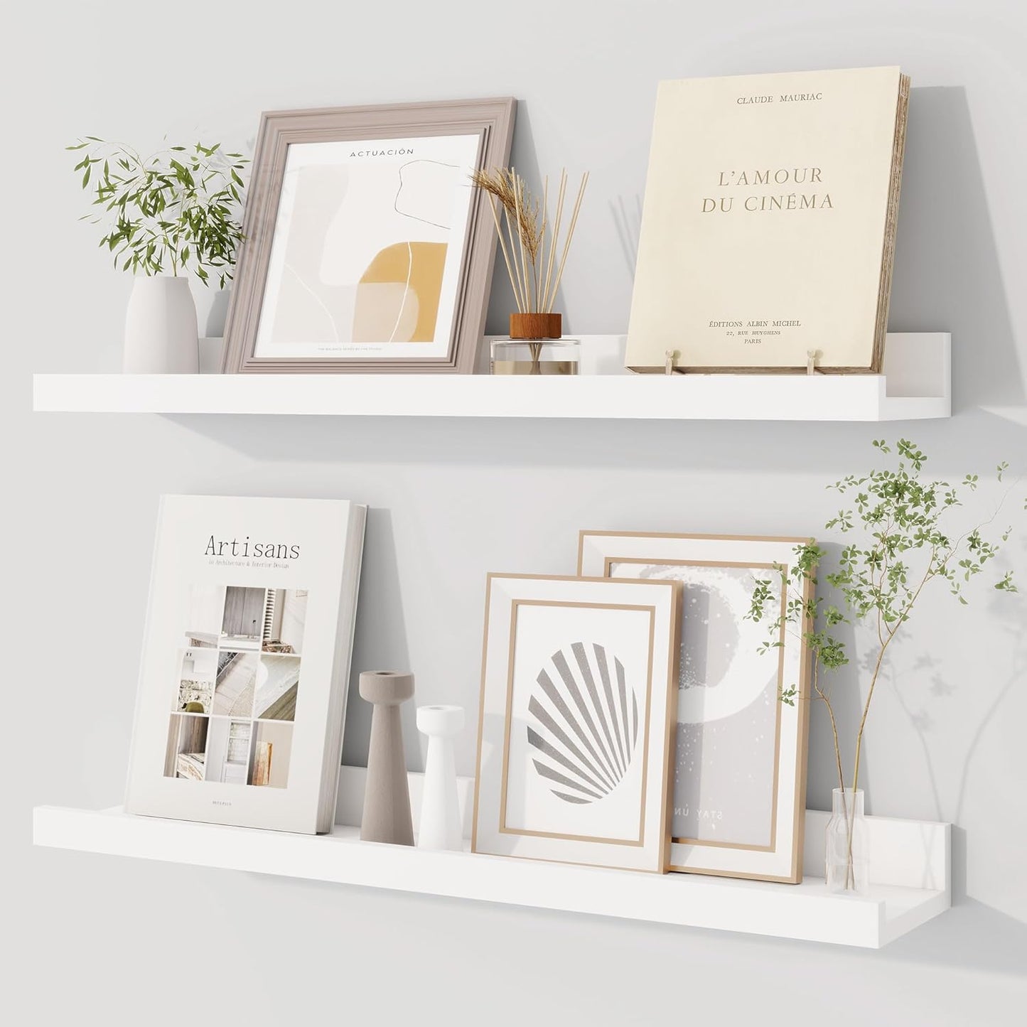 Dreamland Picture Ledge Shelf for Wall, Floating Shelves Set of 2, 48 Inch Long Floating Shelves with Lip for Living Room, Bedroom, Bathroom, Kitchen, White