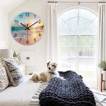 Beach Wall Clock Battery Operated 12 Inch Glass Wall Clock Non Ticking Analog Blue Wall Clocks for Bedroom Living Room Office Decor