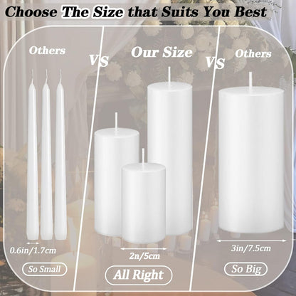 18 Pcs White Pillar Candles Bulk Set，Hurricane Candles，3 Different Lengths 2 x 3/4/6 Inch (6 Each)，Dripless Unscented Smokeless，Gives You a Better Atmosphere When Organizing an Event Party.