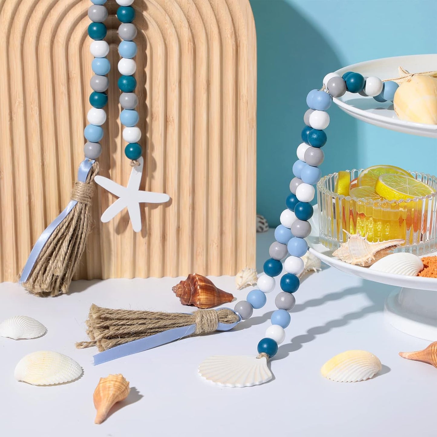 Janinka 2 Pcs Farmhouse Seashell Bead Garland with Tassels Decorative Beads Decor Nautical Farmhouse Tiered Tray Decorations Set Coastal Garland for Home and Kitchen, Wooden Beads(White)