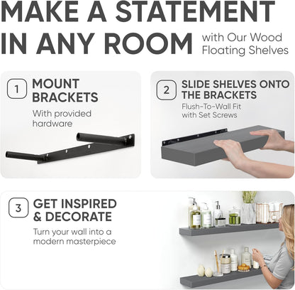 Homeforia 24 inch Natural Floating Shelf, High End Solid Real Wood 24inch Small Floating Shelves for Wall Mounted, Natural Wooden Floating Shelves, Heavy Duty Bracket, 24 X 6.5 X 1.75 in, Set of 2