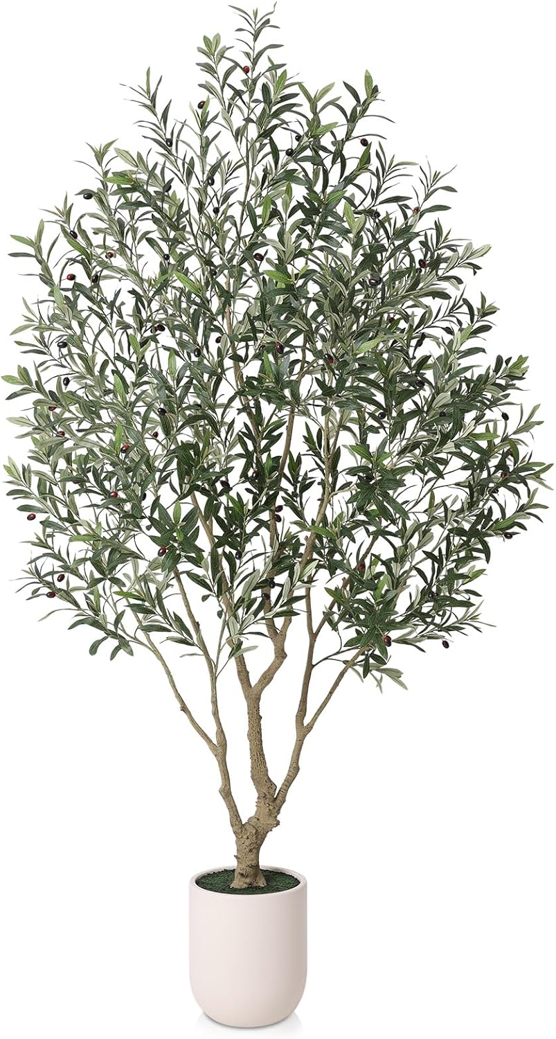 Verinatural Olive Tree Artificial Indoor, 8FT Tall Faux Olive Tree with 18in White Planter, Artificial Plants with Natural Wood Trunk and Lifelike Fruits for Home Office Decor,VN205