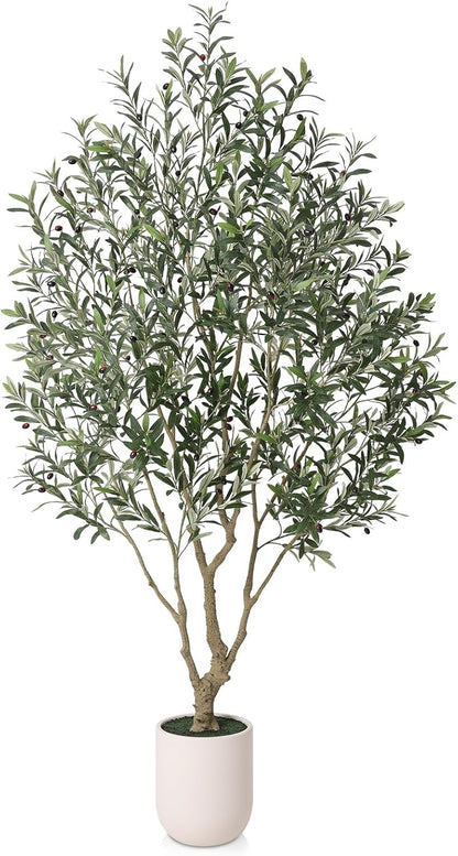 Verinatural Olive Tree Artificial Indoor, 8FT Tall Faux Olive Tree with 18in White Planter, Artificial Plants with Natural Wood Trunk and Lifelike Fruits for Home Office Decor,VN205