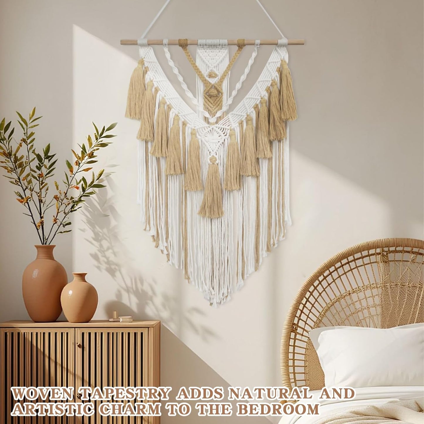 Gliterra Large Macrame Wall Hanging Handmade Boho Tapestry 43"x32" - Wall Art Decor for Living Room, Bedroom, Wedding (beige)