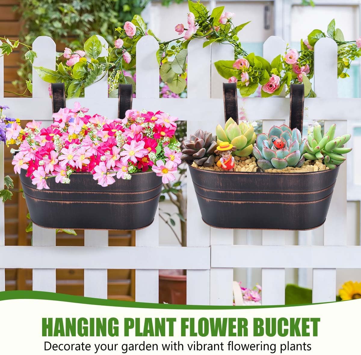 OBTANIM 4 Pack Metal Hanging Flower Pots Iron Railing Planter Outdoor Fence Hanging Pots Bucket Plant Holder with Detachable Hooks Drain Holes for Home Garden Yard Decor (Black)