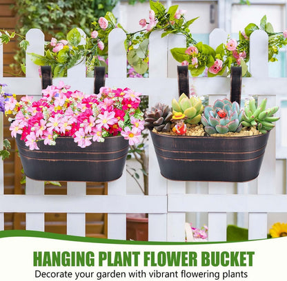 OBTANIM 4 Pack Metal Hanging Flower Pots Iron Railing Planter Outdoor Fence Hanging Pots Bucket Plant Holder with Detachable Hooks Drain Holes for Home Garden Yard Decor (Black)