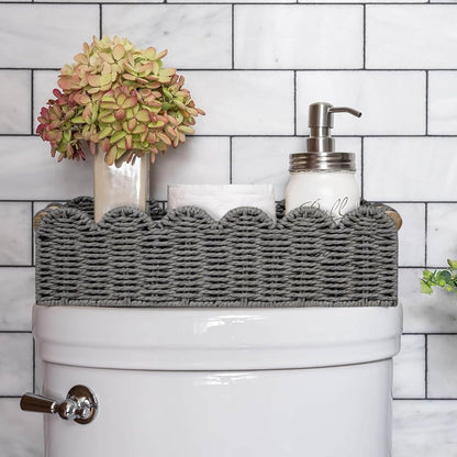 CubesLand Paper Rope Scalloped Edge Toilet Paper Storage Basket, Small Living Room, Bedroom Decor Baskets for Over Toilet Storage Shelf, End Table, Shelves and More, with 2 Wooden Handle, Neutral