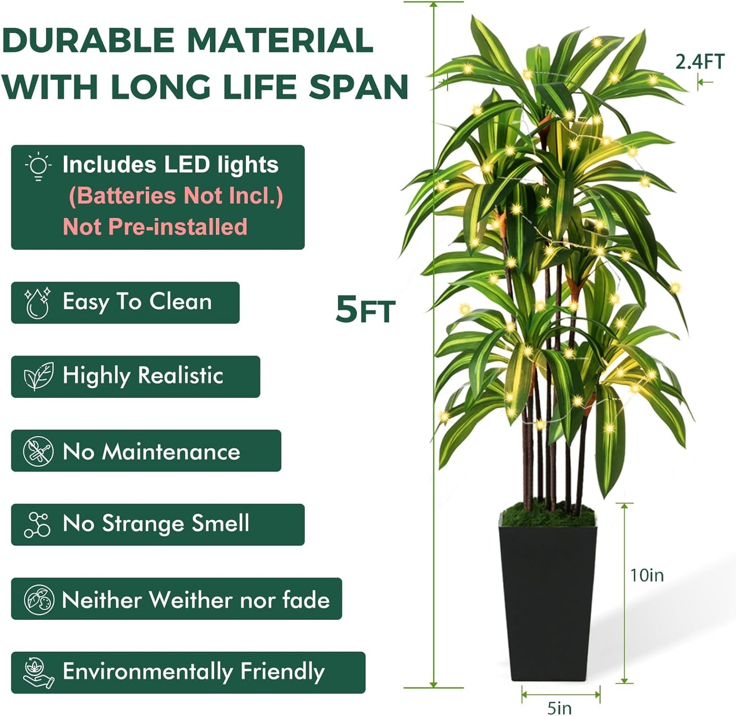 Artificial Dracaena Tree 5FT, Fake Plants with Black Tall Planter - Fake Tree Tall Faux Plants Indoor Floor Plant with Moss - Artificial Plants Indoor for Office Living Room Home Decor