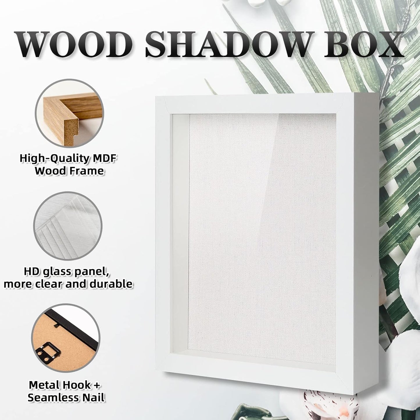Muzilife 8x8 Shadow Box Picture Frame with Linen Board - Deep Wood & Glass Display Case Ready to Hang Memory Box Baby Sports Memorabilia, Pins, Awards, Medals, Wedding, Tickets and Photos (Black)