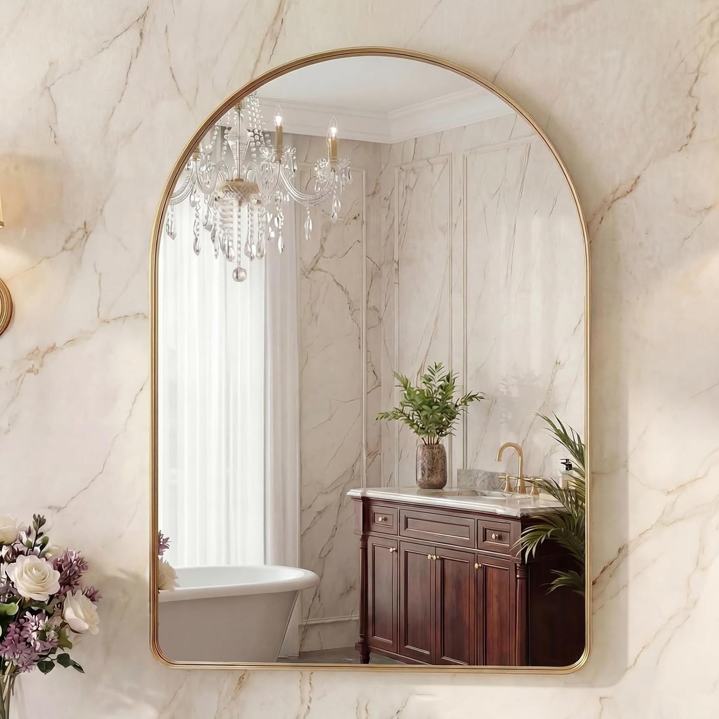 OLIXIS Arched Bathroom Mirror for Over Sink, 34x32 Inch Wall Mirror Arched Rounded Rectangle, Modern Wall Mount Vanity Mirror with Matte Metal Deep Framed, for Home Decor, Living Room, Black