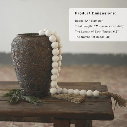 Extra Large Wood Bead Garland with 1.4" Diameter Wood Beads, Wooden Beads Garland with Tassels, Decorative Beads Home Decor, Farmhouse Beads Decor (Natural, 50 Inches)