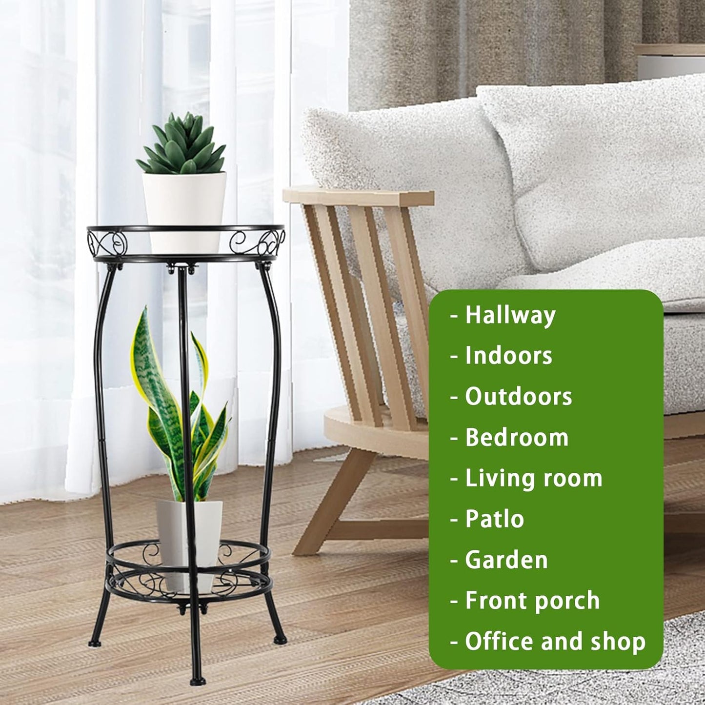 Kavlium Plant Stand Indoor Outdoor，Tall Black Metal Rustproof Stable Plant Stands，2 Tier 27.1 inch Multiple Plant Rack Holder Rack Flower Pot Stand Heavy Duty Plant Shelf