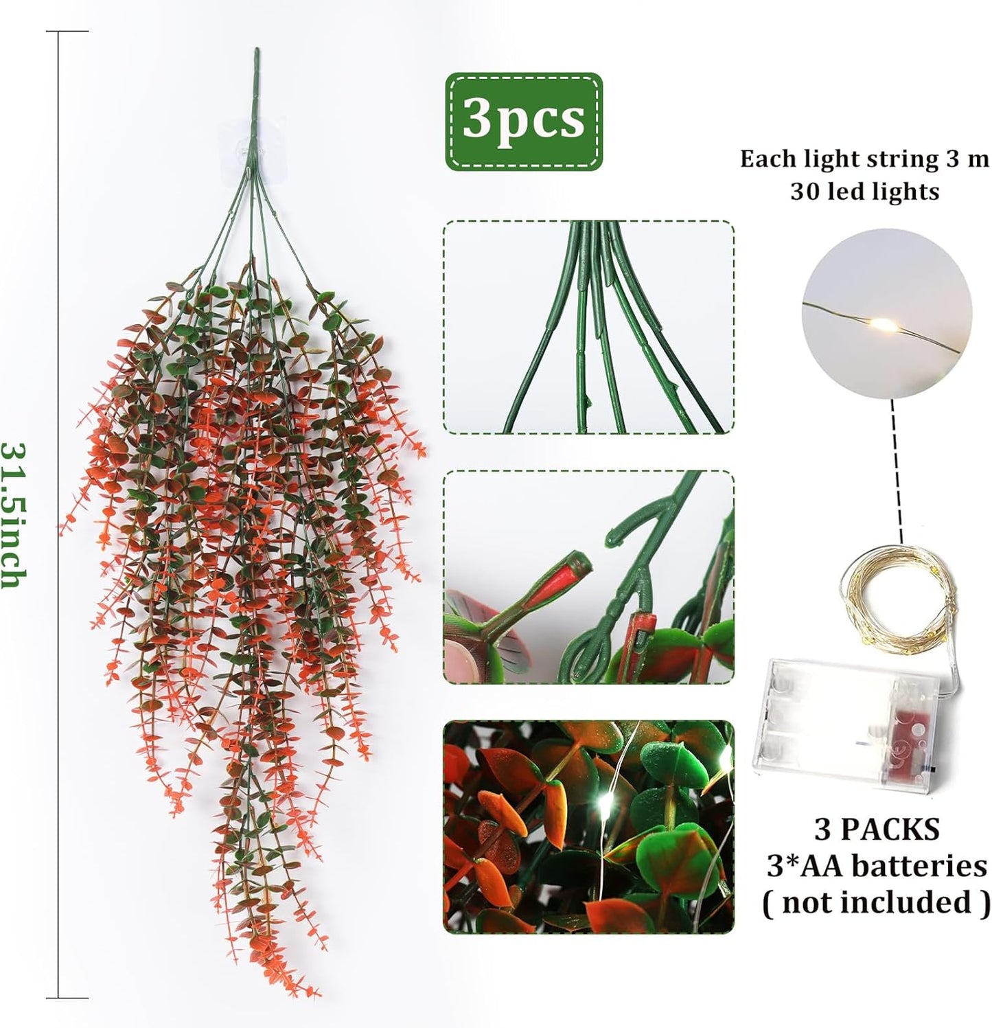 RECUTMS Artificial Hanging Plants Fake Hanging Plant Faux Eucalyptus Leaf Greenery Vine Outdoor UV Resistant Plastic Plants Home Garden Wedding Party Indoor Outdoor Decorations(White)