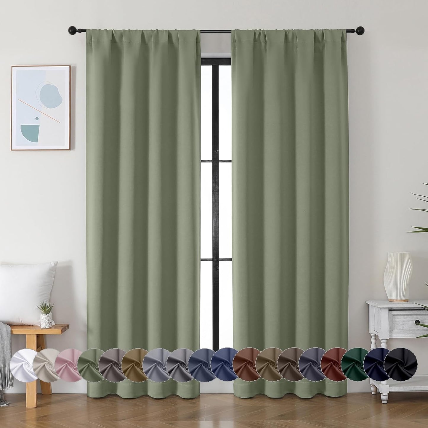 Simplebrand Ava Sage Green Blackout Curtains for Bedroom 63 Inch Length 2 Panels Set, Solid Thermal Insulated Energy Saving Rod Pocket Window Treatment Curtains Blackout Drapes, W40 x L63 Inch, Sage - Colors A