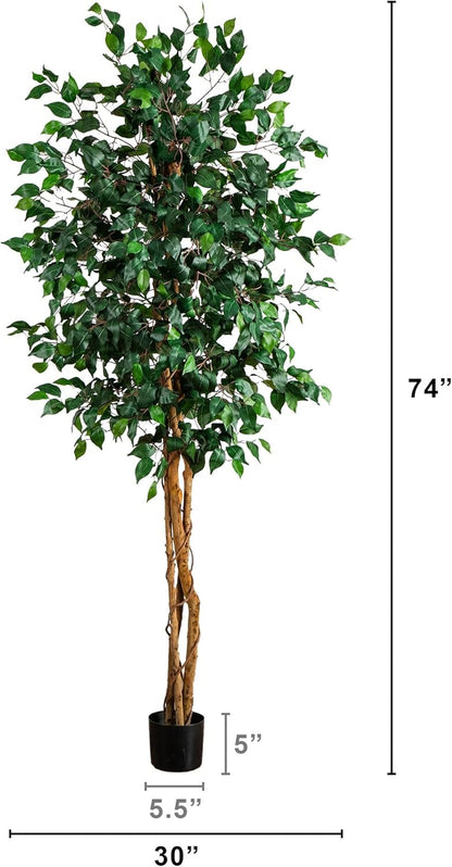 Nearly Natural 4ft Triple Trunk Ficus Silk Tree with Natural Wood Trunks and Dense Foliage, Mid-Size Faux Floor Plant for Home and Office