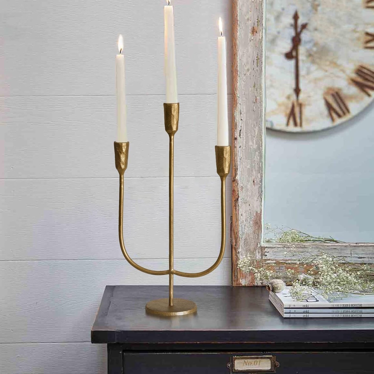 5-Candle Cast Iron Metal Candelabra Candlestick Holders 15 inch Tall Candle Holder Wedding Event Candelabra Candle Stand Brass Gold