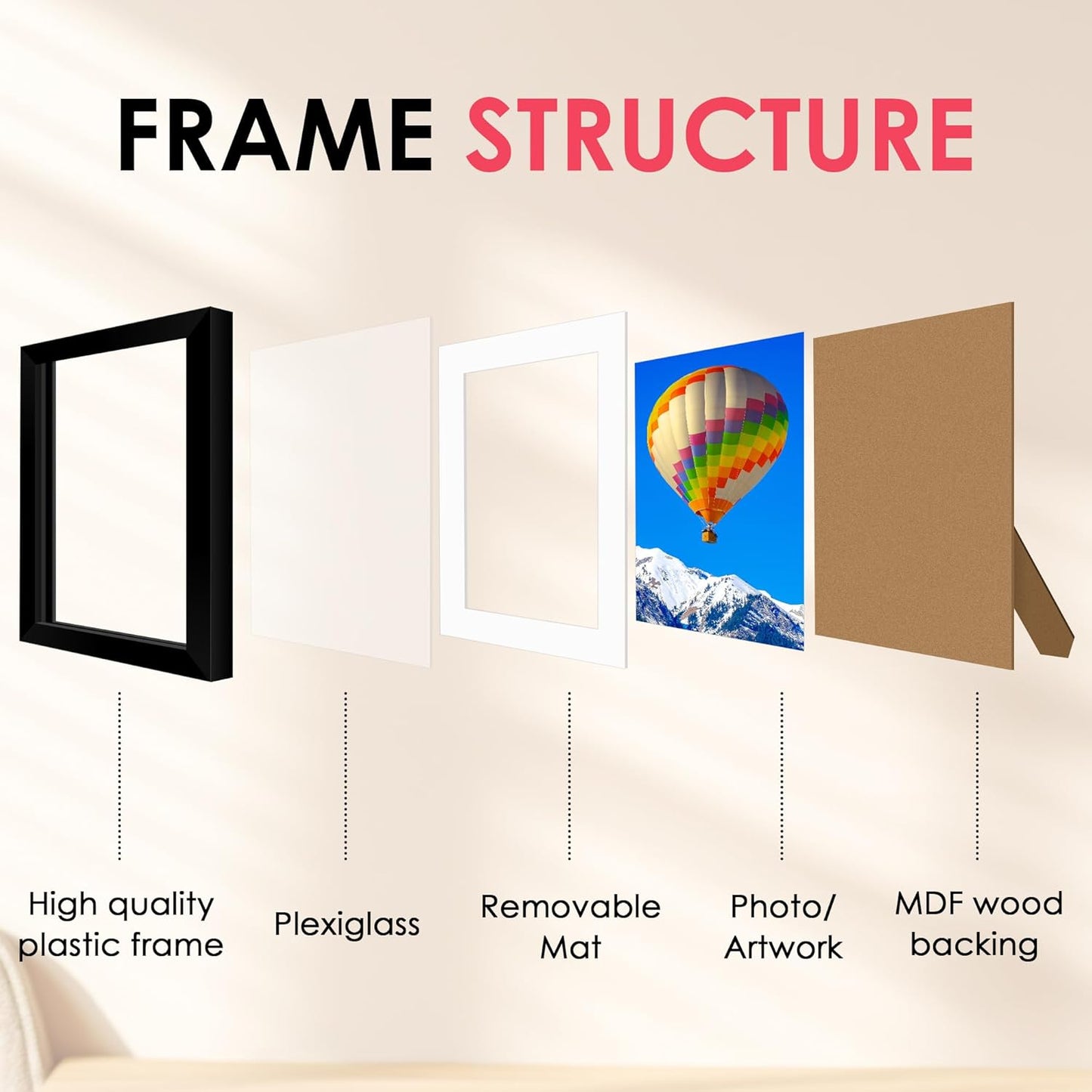 FIXSMITH 8x10 Picture Frame Set of 2, Photo Frame with HD Plexiglass, Display Pictures 5x7 with Mat or 8x10 Without Mat Multi Picture Frames Collage for Tabletop or Wall Display, Black