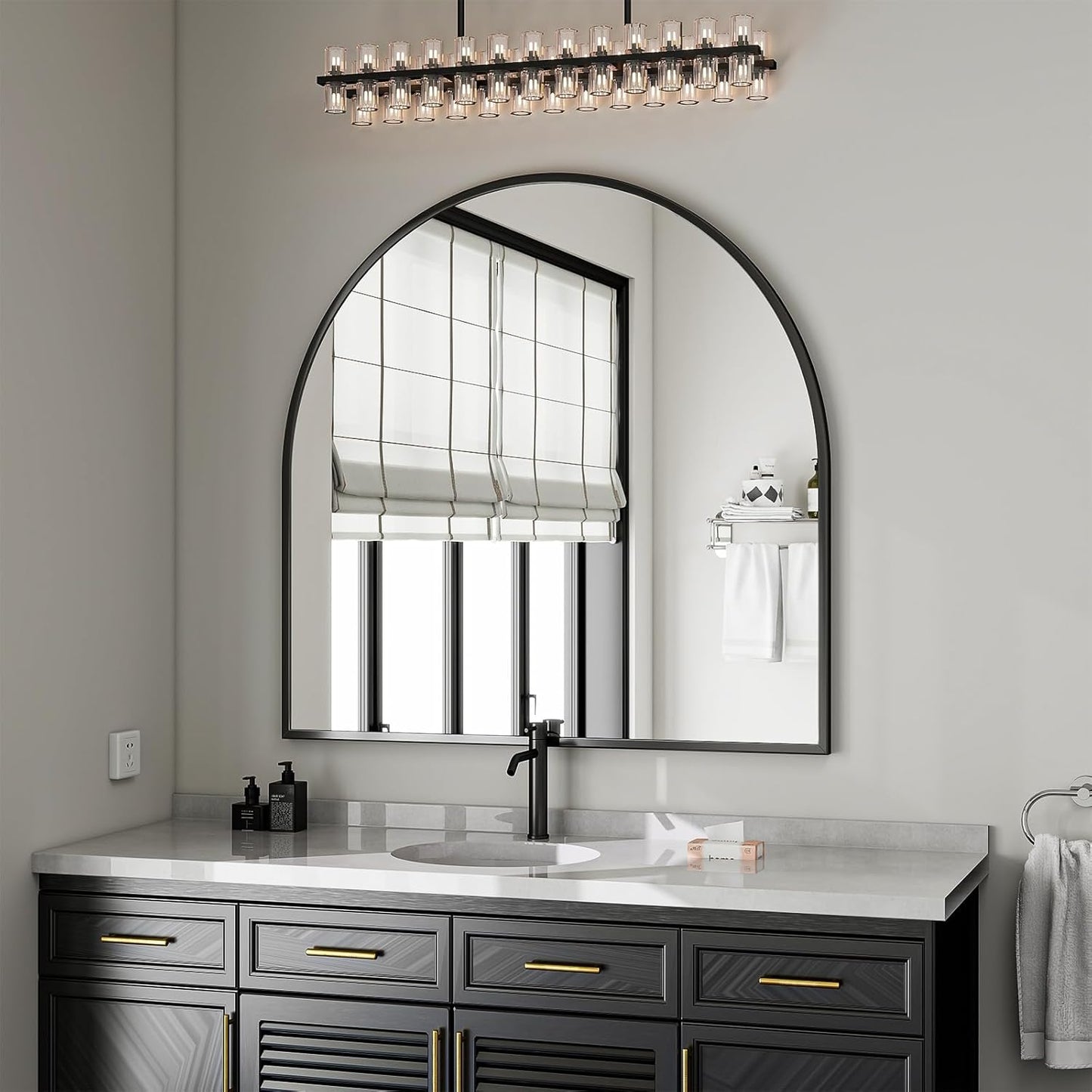 VooBang Arched Wall Mirror, 24 x 36 inch Arch Bathroom Mirror, Wall Mounted Vanity Mirror with Arch Metal Frame, Modern Bathroom Vanity Mirror for Bedroom, Living Room, Hanging or Leaning, Black