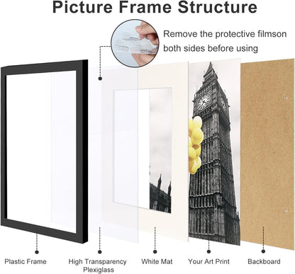 12x12 Picture Frame Set of 9, Display Pictures 8x8 with Mat or 12x12 without Mat, Multi Collage Gallery Square Photo Frames for Wall or Tabletop, Black