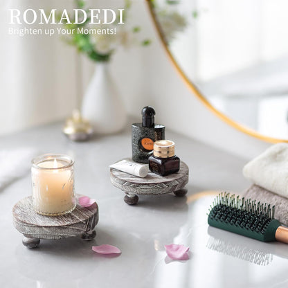 Romadedi Farmhouse Wood Riser for Display- 2 pcs Rustic Decor Mini Wooden Pedestal Decorative Round Tray for Home Table Bathroom Counter Shelf Kitchen, Brown
