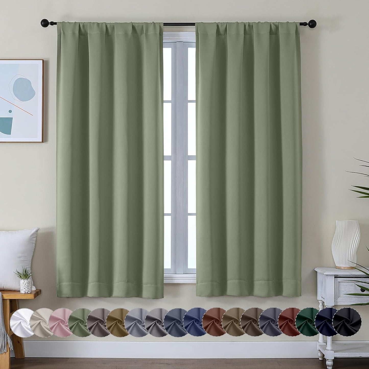 Simplebrand Ava Sage Green Blackout Curtains for Bedroom 63 Inch Length 2 Panels Set, Solid Thermal Insulated Energy Saving Rod Pocket Window Treatment Curtains Blackout Drapes, W40 x L63 Inch, Sage - Colors A